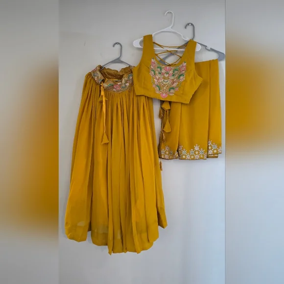 Yellow Sequined Embroidered Work Faux Georgette Fabric Flared Lehenga Choli - Picture 4 of 14